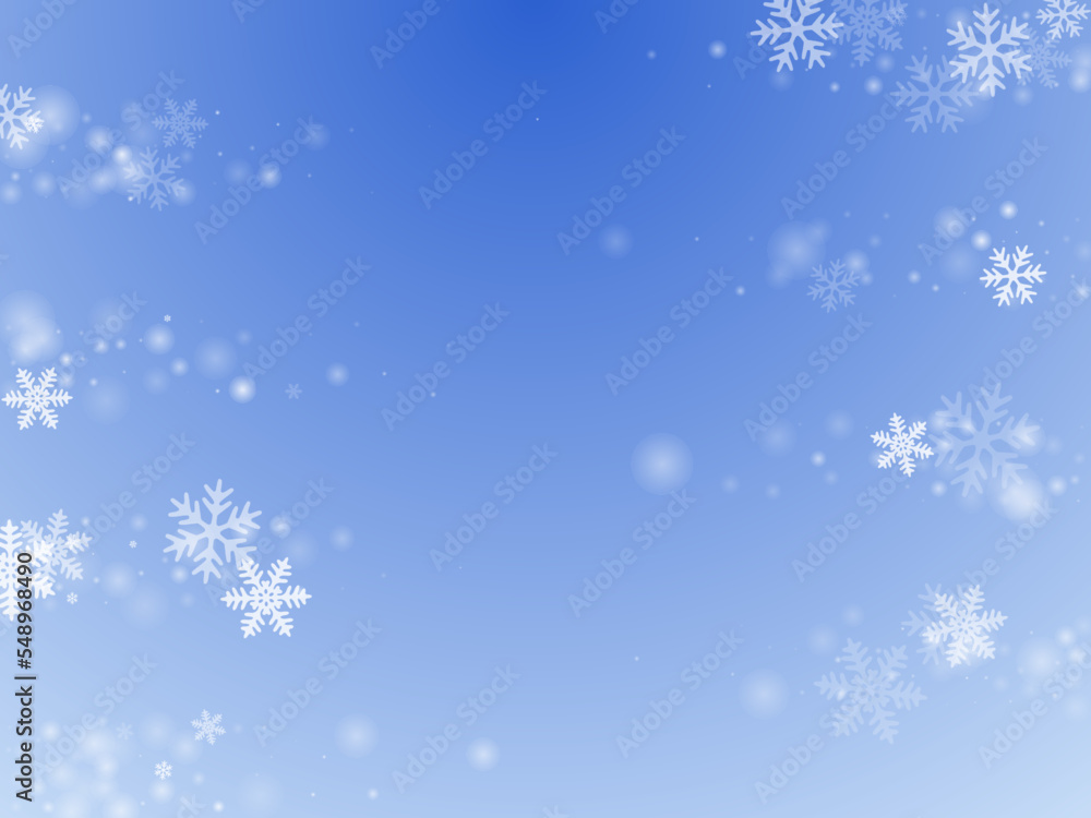Simple falling snowflakes wallpaper. Wintertime dust frozen shapes. Snowfall sky white blue background. Shimmering snowflakes christmas theme. Snow hurricane landscape.