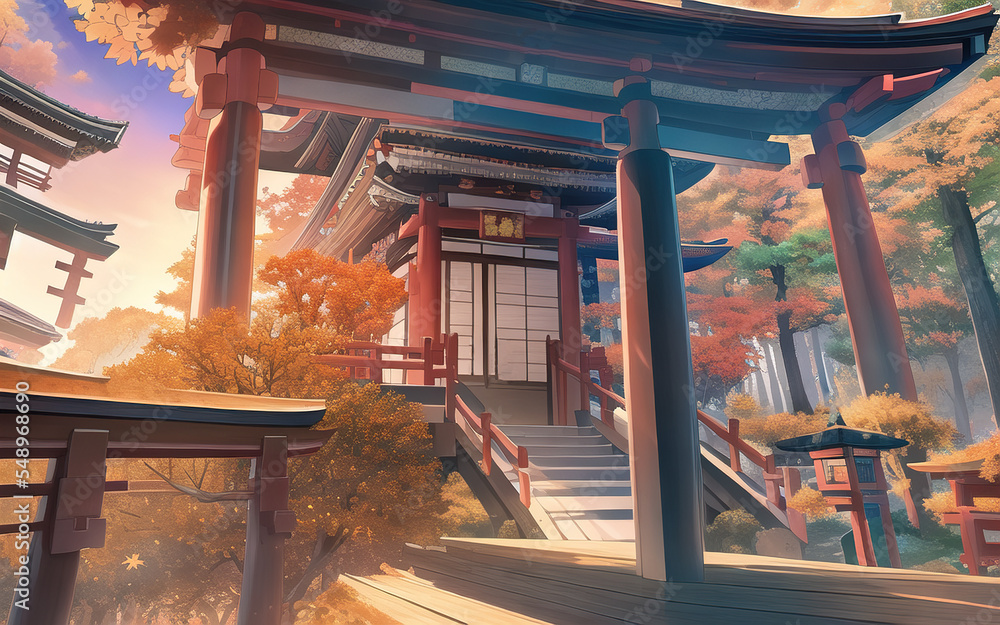 anime style autumn japanese temple chinese temple ancient landscape fall maple culture - obrazy, fototapety, plakaty 