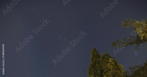 Stars move around a polar star. Time lapse of Star trails in the night sky. 4K
