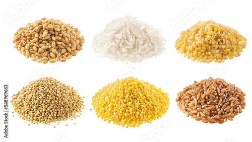 Bild auf Leinwand Piles of uncooked wholegrain cereals isolated png