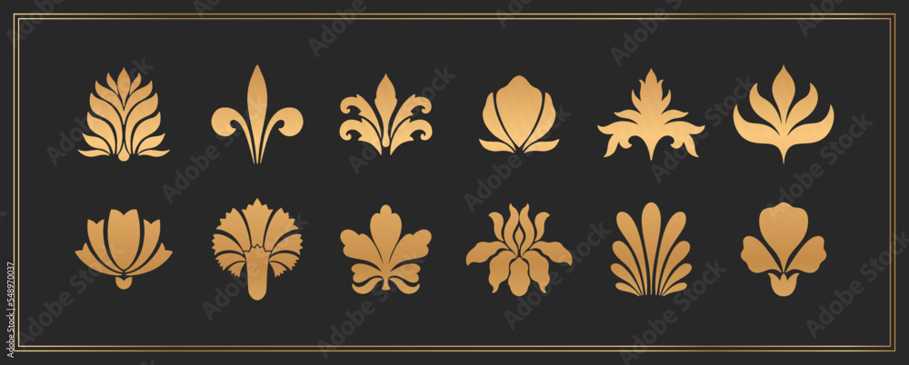 Text boarder divider for printing in typography. Floral elegant motif in silhouette. Art deco mirrored palmette.