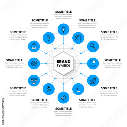 Infographic template. Hexagon with 12 icons and text