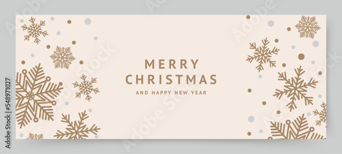 Christmas banner with golden snowflakes on beige background. Winter holidays greeting card template. Vector illustration