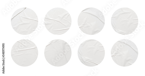 White stickers mockup. Blank labels of different shapes, circle wrinkled paper emblems. Copy space. Stickers or patches for preview tags, labels photo