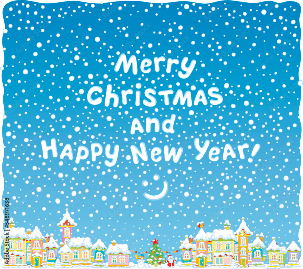 Merry Christmas and happy New Year card with colorful houses of a pretty toy town on a snowy winter day, vector cartoon illustration