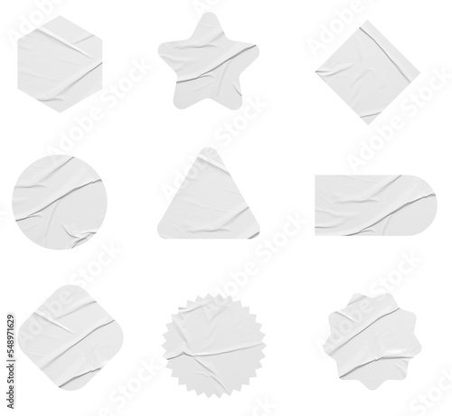 White stickers mockup. Blank labels of different shapes  circle wrinkled paper emblems. Copy space. Stickers or patches for preview tags  labels
