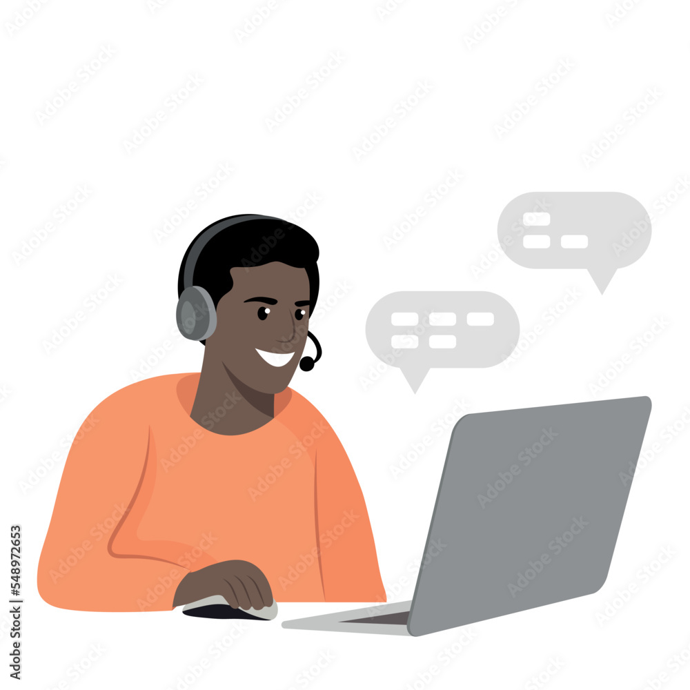 Black guy in headphones with laptop, call center worker, online, home office, flat vector, isolated on white Black guy in headphones with laptop, call center worker, online, home office, flat vector, isolated on white