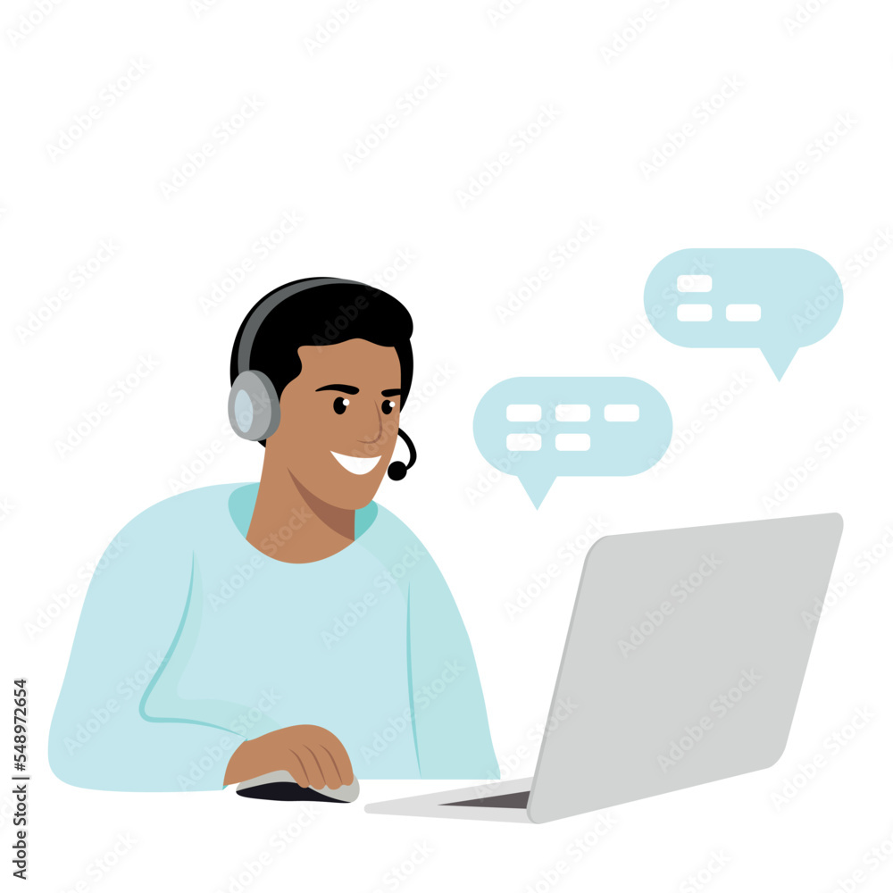 Indian guy in headphones with laptop, call center worker, online, home office, flat vector, isolated on white Indian guy in headphones with laptop, call center worker, online, home office, flat vector, isolated on white