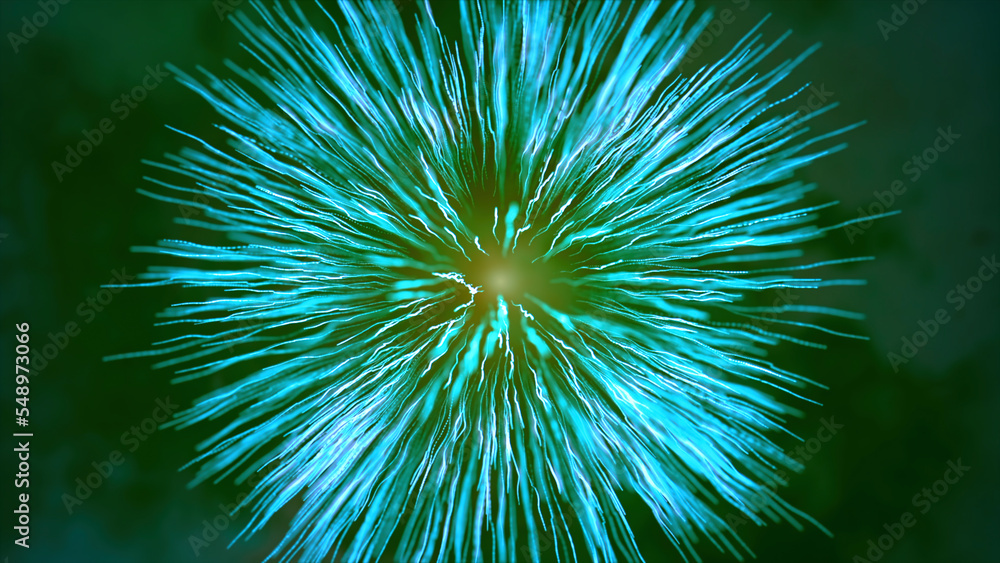 Fototapeta premium Bright flashes of energy with particles and light. Motion. Cosmic explosion of star with rays and nebula. Flashes and explosions of cosmic energy with rays