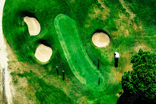 Top down aerial view of greenery golf court in the Algarve, Portugal
