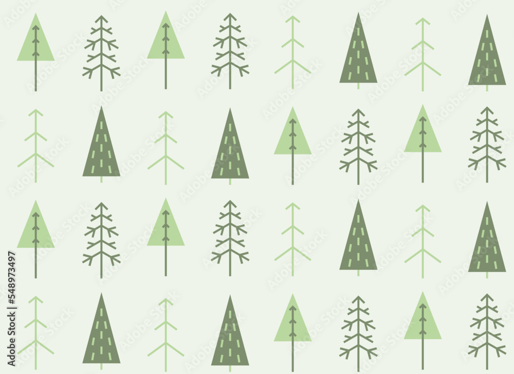 Seamless pattern with different simple spruces. Christmas texture in flat style.
