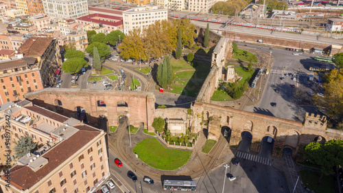Aerial view of Porta Maggiore, one of the eastern gates in the ancient Rome. It was one of the gates in the Aurelian Walls of Rome, Italy. The whole area nearby is rich in ancient finds.