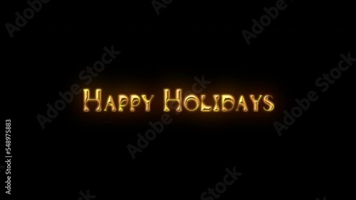 Happy Holidays tittle animation on a black background with particles.Happy New Year 2023 Greetings Card Abstract Blinking Sparkle Glitter Particle. Merry Christmas. Gold and black