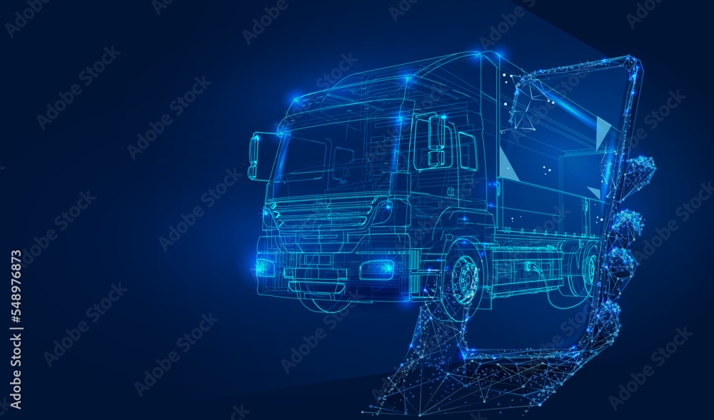 Polygonal 3d truck with smartphone in dark blue background. Online cargo delivery service, logistics or tracking app concept. Abstract vector illustration of online freight delivery service.