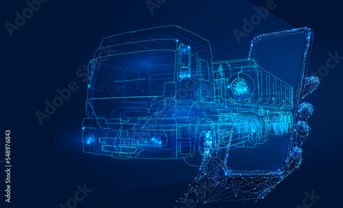 Polygonal 3d truck with smartphone in dark blue background. Online cargo delivery service, logistics or tracking app concept. Abstract vector illustration of online freight delivery service.