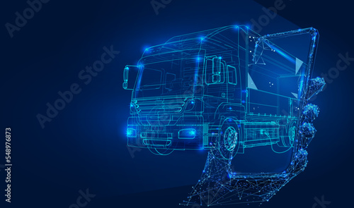 Polygonal 3d truck with smartphone in dark blue background. Online cargo delivery service, logistics or tracking app concept. Abstract vector illustration of online freight delivery service.