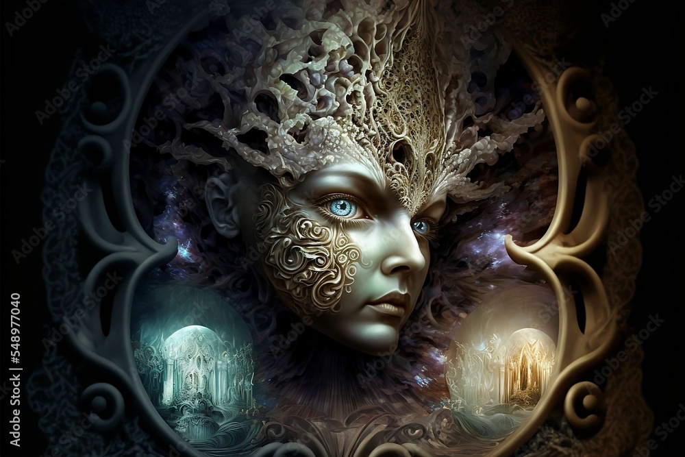 Naklejka premium Abstract drawing of a woman like spirit with ornate head covering describing of the spiritual awakening of humanity