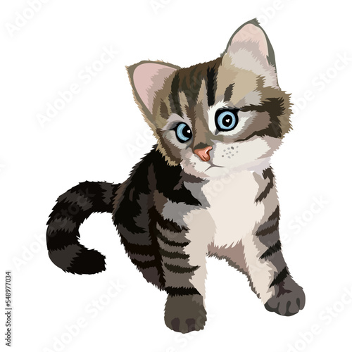 Art: A cute tabby kitten with blue eyes sits and looks at the viewer