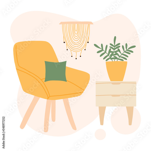 Modern living room interior. Decor elements for a modern interior. An armchair with a bedside table and room seating. Vector illustration hand drawn in cartoon style.
