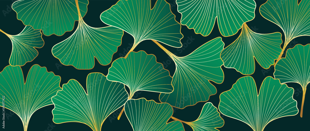 Fototapeta premium Luxury tropical leaves line art background vector. Elegant hand drawn ginkgo leaves gold line art background. Design illustration for decoration, wall decor, wallpaper, cover, banner, poster, card.