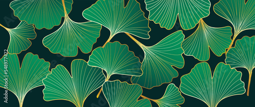Luxury tropical leaves line art background vector. Elegant hand drawn ginkgo leaves gold line art background. Design illustration for decoration, wall decor, wallpaper, cover, banner, poster, card.