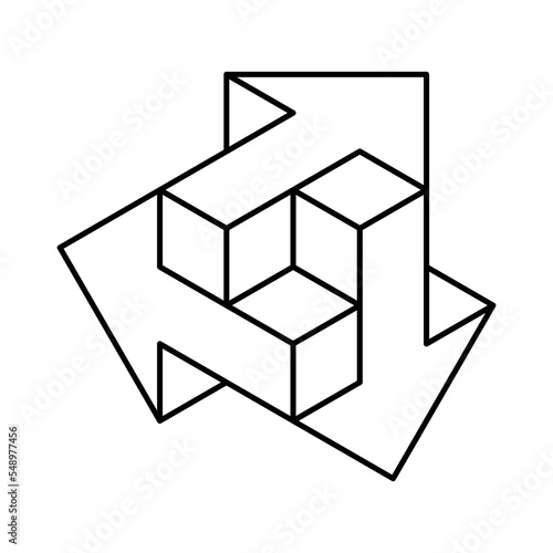 Linear impossible arrows. Three 3D arrows make union. Mobile app design element. Creative business logo. Choosing right direction concept. Making decision or choice. Vector illustration, clip art. 