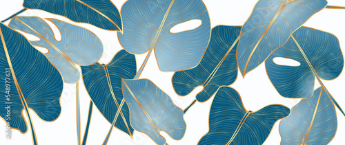 Luxury tropical leaves line art background vector. Elegant hand drawn monstera leaves gold line art background. Design illustration for decoration, wall decor, wallpaper, cover, banner, poster, card.