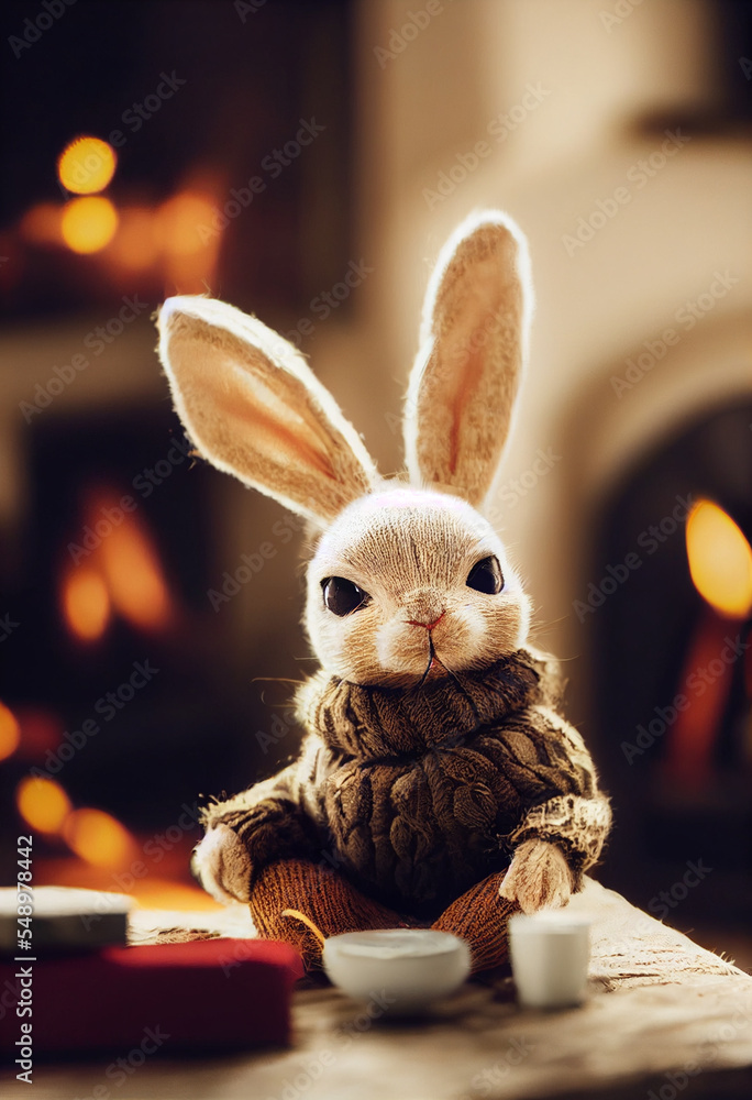 cute fluffy rabbit in a warm scarf in the winter forest, christmas card