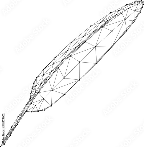 Bird feather pen, writing education concept, from abstract futuristic polygonal black lines and dots. Low poly concept.