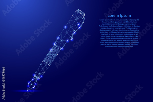 Pen for writing, fountain ink, digital signature concept, from futuristic polygonal blue lines and glowing stars for banner, poster, greeting card. Low poly concept. Vector illustration.