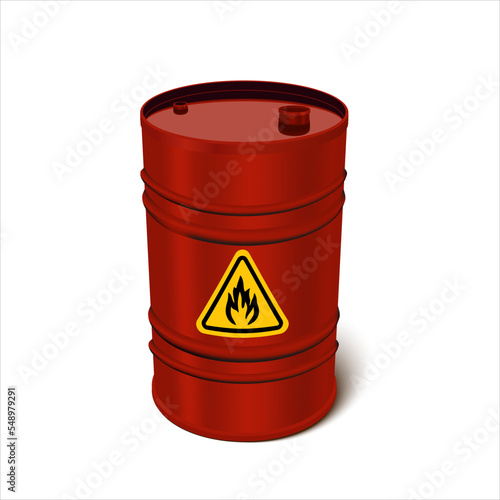 On a barrel of fuel, a sign of flammable substances. Red iron barrel isolated on white background.Vector illustration. Isolated Dump, storage. 3D rendering.