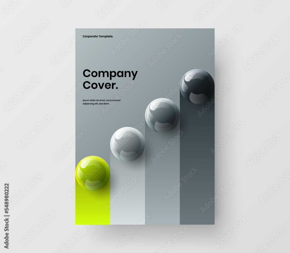 Original catalog cover A4 vector design layout. Unique 3D balls corporate identity template.
