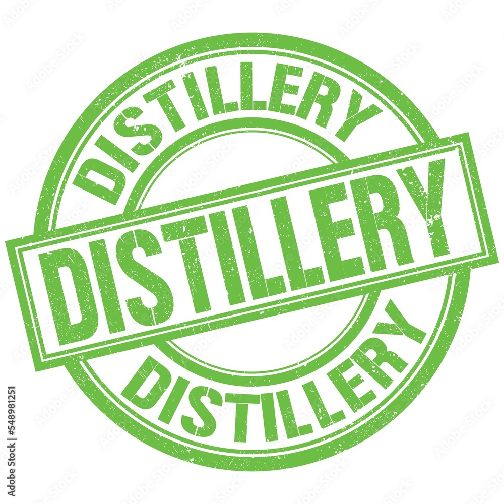 DISTILLERY written word on green stamp sign DISTILLERY written word on green stamp sign