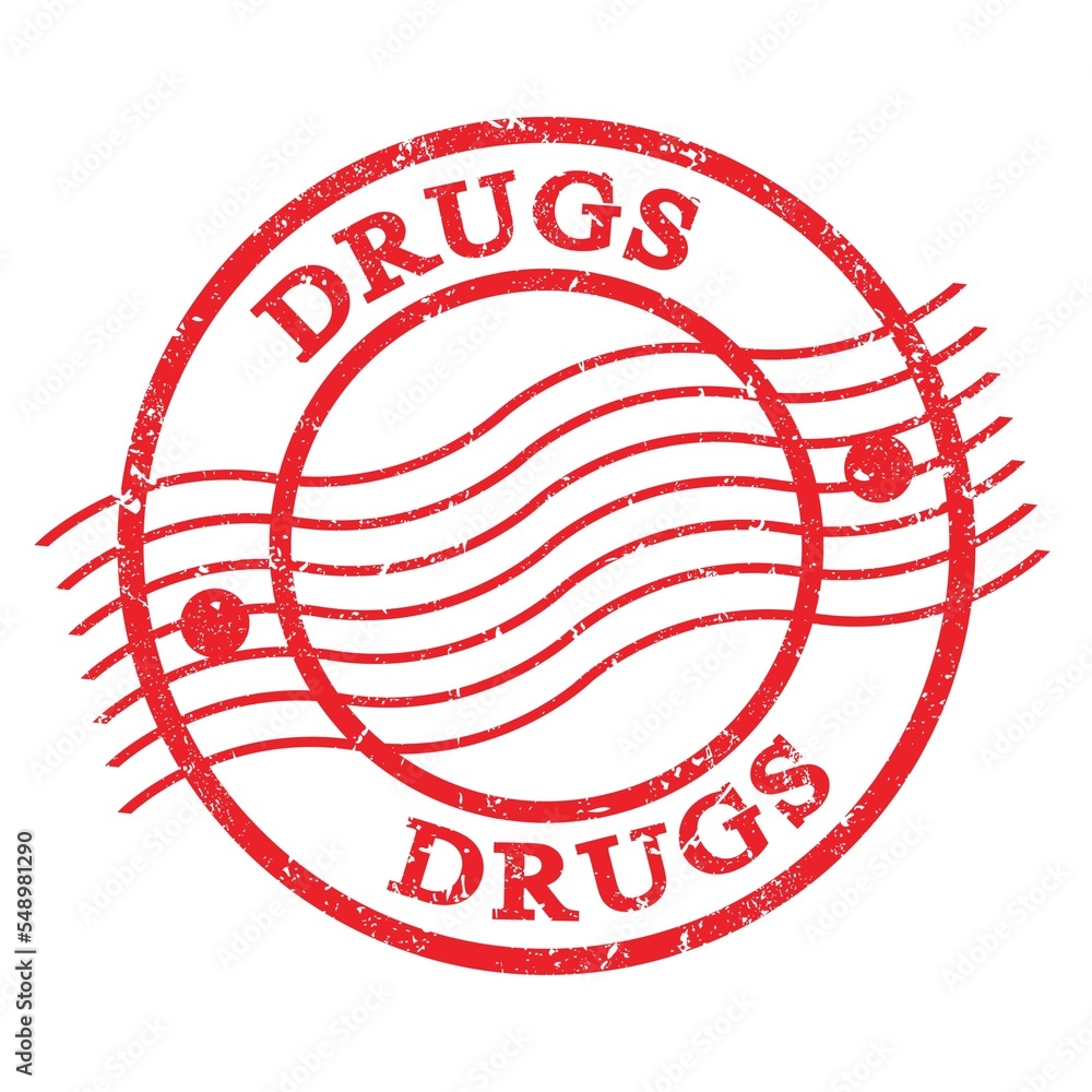 DRUGS, text written on red postal stamp. DRUGS, text written on red postal stamp.