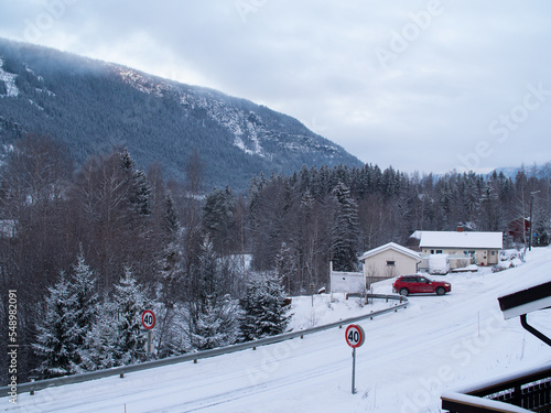 Snowy road in the mountains of Norway