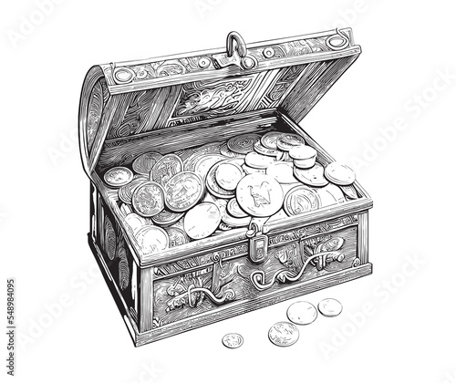 Old retro chest with coins money sketch hand drawn sketch, engraving style vector illustration