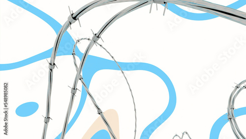 Animation with 3d wire and lines. Design. 3D wire with barbed needles on background of lines. Barbed wire for prison walls