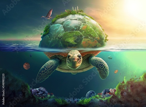 GreeAn underwater view of a tropical island with birds and coral reef made on the shell of a swimming giant green turtle. Background with copy spacen sea turtle in tropical island photo