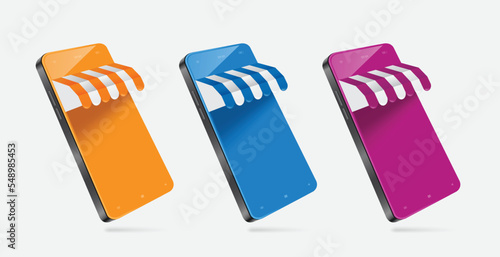 Smartphon store or shop in 3 colors, orange, blue, purple