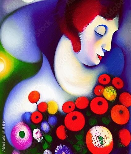 Woman with bouquet of flowers, expressionism cubism naive digital painting in style of Chagall, digital art with oil imitation illustration
