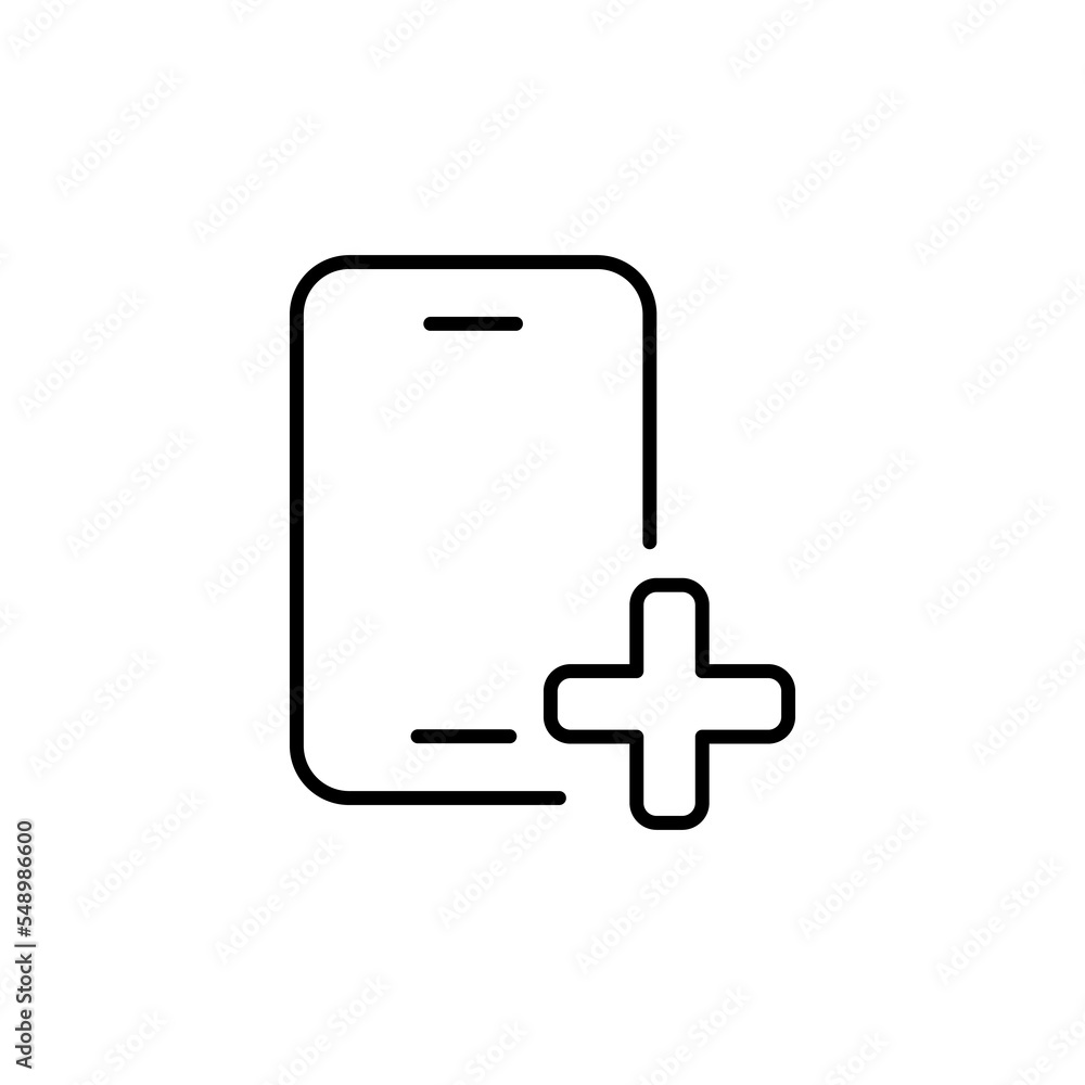 Smartphone line icon. Phone, sensor, gadgets, device, application, memory, games, internet, add, plus. new, contacts, inventions. Technology concept. Vector black line icon on a white background Smartphone line icon. Phone, sensor, gadgets, device, application, memory, games, internet, add, plus. new, contacts, inventions. Technology concept. Vector black line icon on a white background
