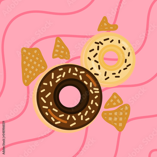 Chocolate and white chocolate donuts have waffles around them.