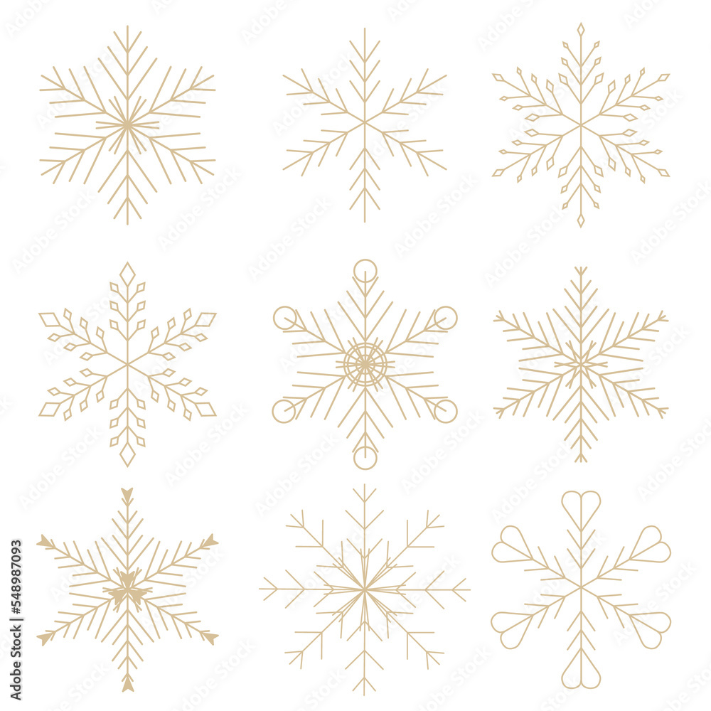 Set of Christmas snowflakes on a white background. beige snowflakes, illustration
