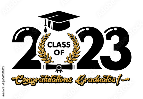2023 class graduate header. The concept of decorate congratulation with  laurel wreath for school graduates. Design for t-shirt, flyer, invitation, greeting card. Illustration, vector