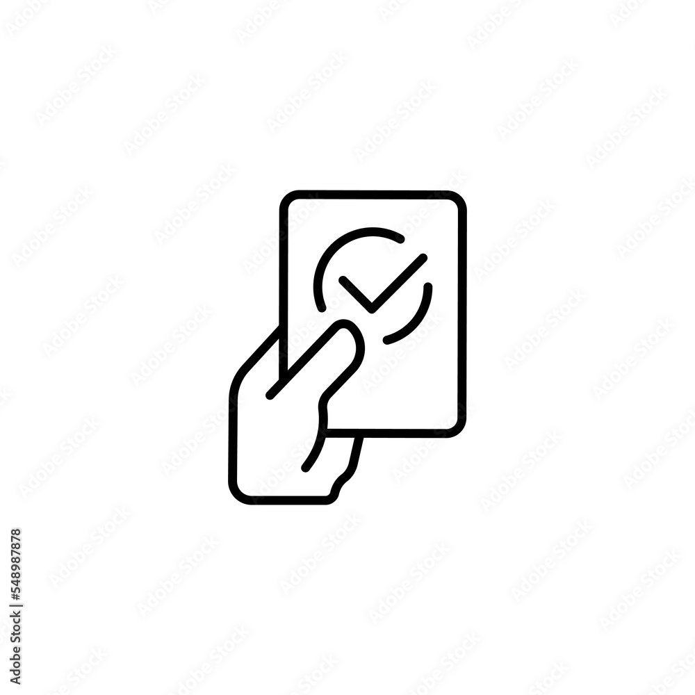 Card line icon. Hand, card, checkmark, vote, evaluation, poll, election, approval, choice, decision, position. Communication concept. Vector black line icon on a white background Card line icon. Hand, card, checkmark, vote, evaluation, poll, election, approval, choice, decision, position. Communication concept. Vector black line icon on a white background
