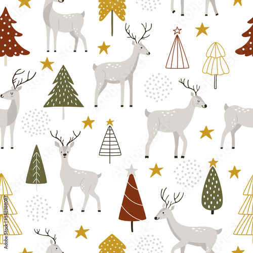 Hand-drawn gray deer with Christmas trees and abstract decor in Scandinavian style. Seamless vector pattern with wild animals for wallpaper or wrapping paper for New Year and Christmas winter holidays