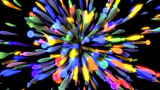 Black background. Motion.Voluminous multi-colored short lines are scattered throughout the footage in animation.