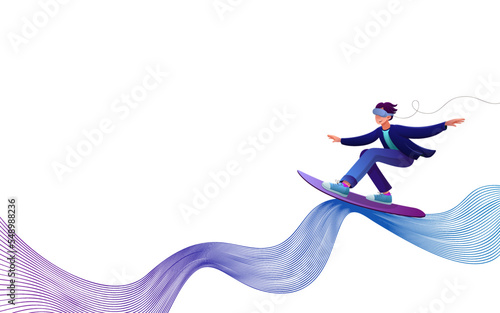 Banner on the theme of virtual reality. The guy in vr glasses swims on a surfboard in cyberspace. Meta Universe and Digital Innovation. Vector cartoon illustration isolated on white background. 