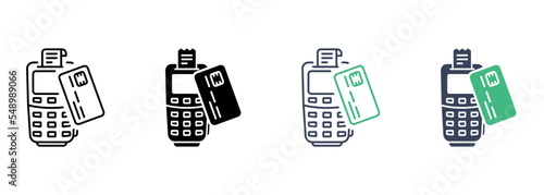 Payment Terminal and Credit Card Line and Silhouette Icon Set. POS Contactless Transaction Pictogram. Wireless Money Pay Symbol Collection on White Background. Isolated Vector Illustration