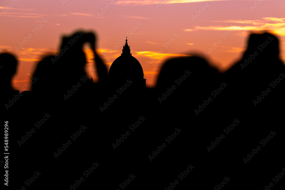 Rome, Italy- November 2022: Romantic sunset view from Villa Borghese terrace
